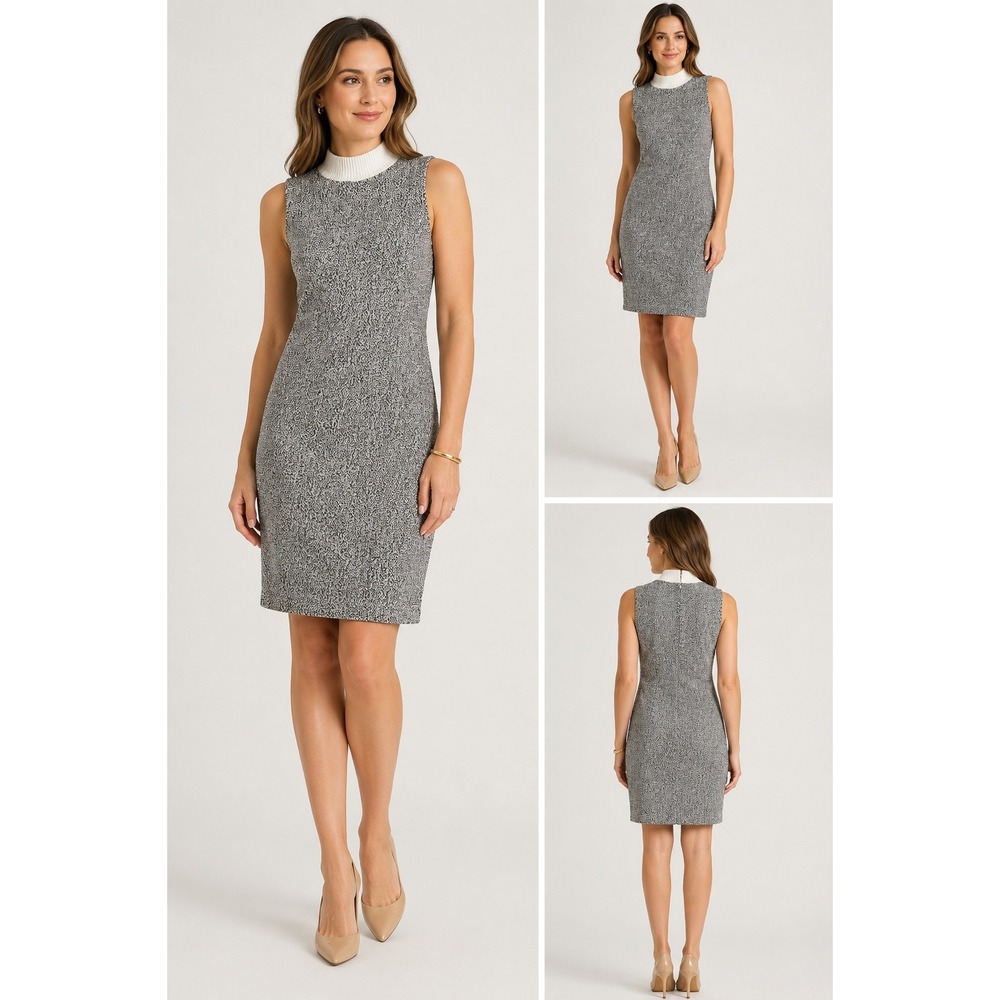 J.McLaughlin Sleeveless Mock Neck Tweed Sheath Dress Black White Size XS